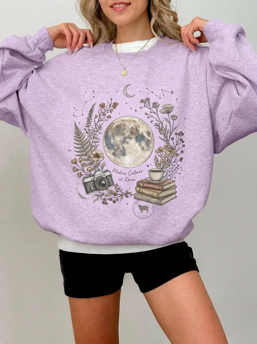 Women's Moon Floral Camera Book Graphic Sweatshirt