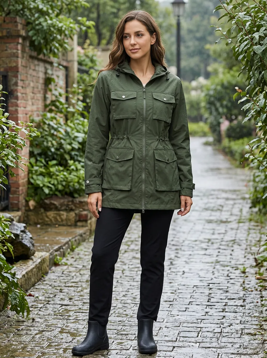 Women's Olive Green Hooded Waterproof Utility Jacket