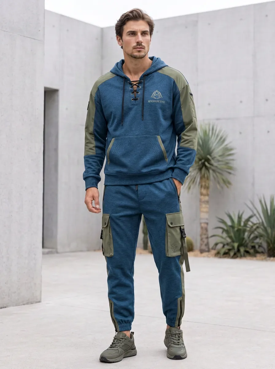 Trail-Inspired Lace-Up Graphic Print Profile Men's Lace Up Hoodie And Cargo Jogger Set