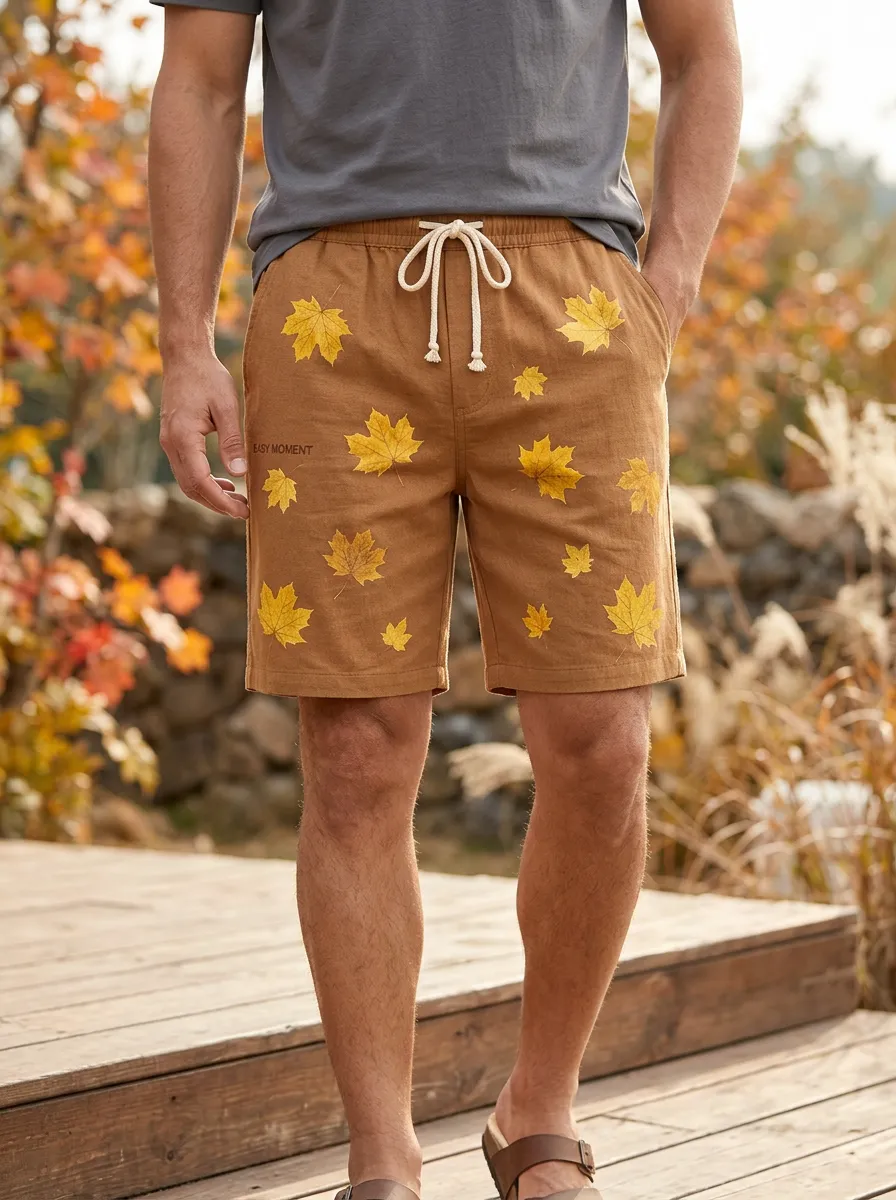 Maple Leaf Print Drawstring Aesthetic Shorts
