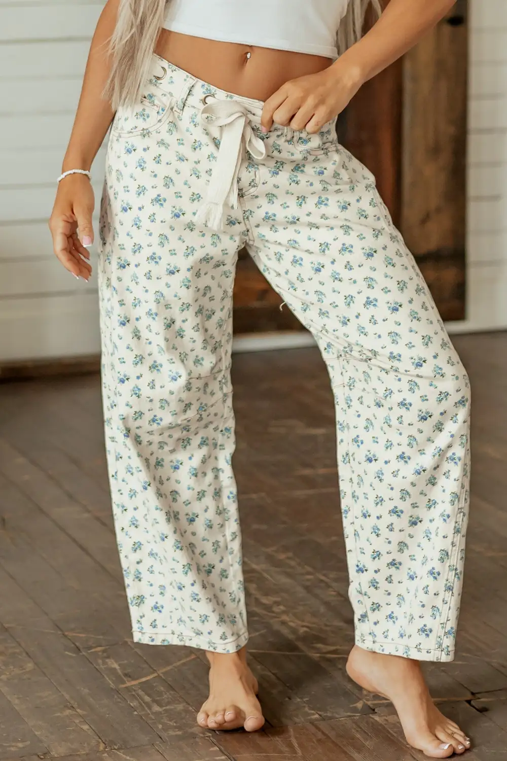 Women's Grommet Knot Waist Floral Barrel Leg Jeans