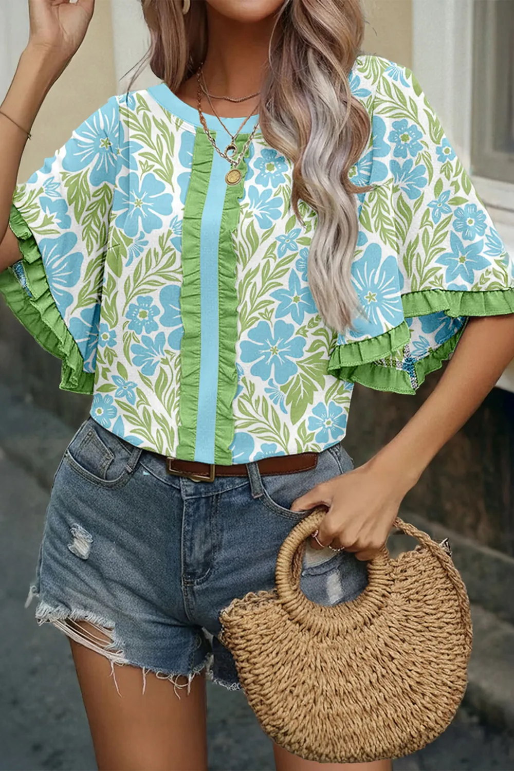 Sky Blue Floral Print Ruffled Blouse
