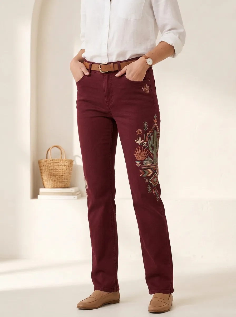 Women's Boho Cactus Desert Pattern Embroidered Straight Leg Jeans