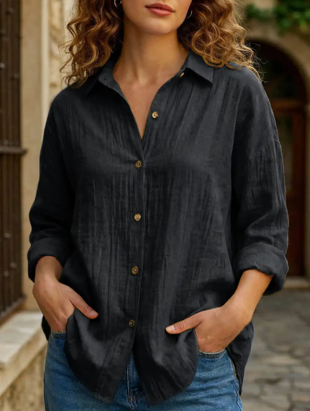 Button Detail Pleated Button-Up Shirt