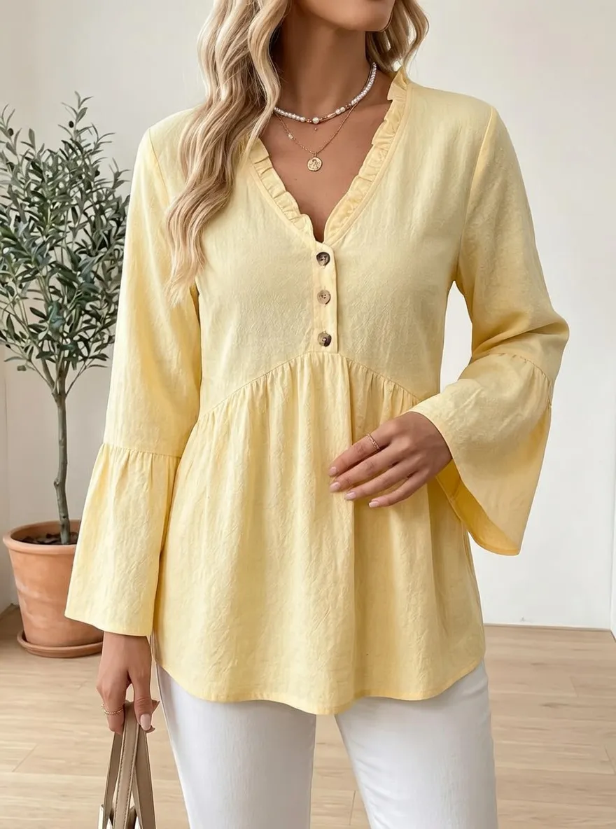 V-Neck Button Down Ruffle Bell Sleeve Blouse