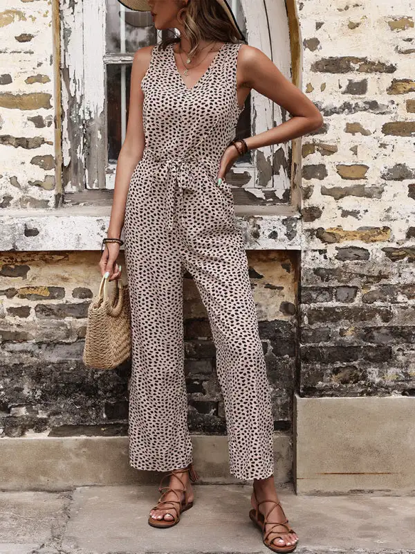 Woven Leopard Print V Neck Jumpsuit