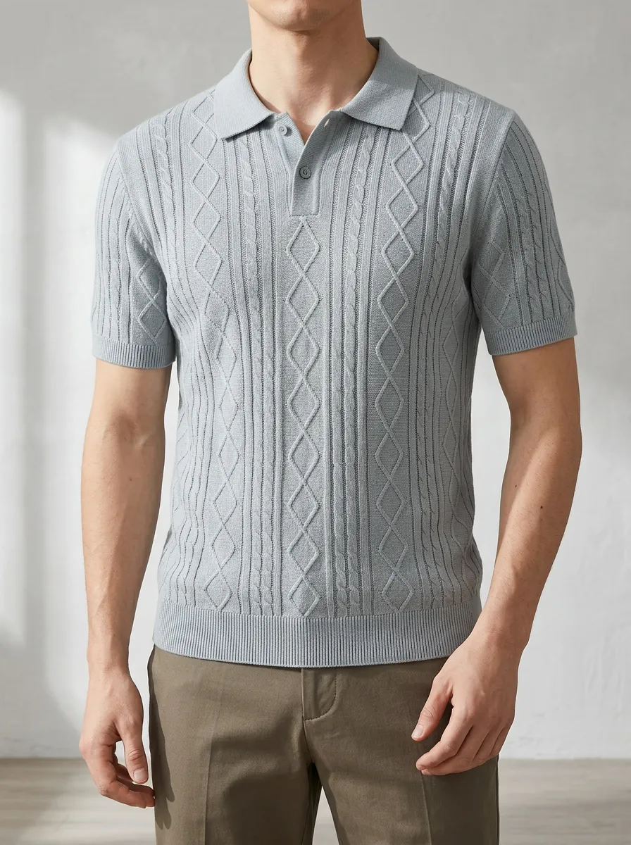 Men's Cable-Knit Diamond-Texture Textured Knit Polo Shirt