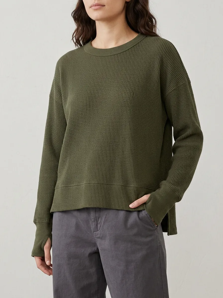 Relaxed Everyday Waffle Knit Long Sleeve Crewneck Top