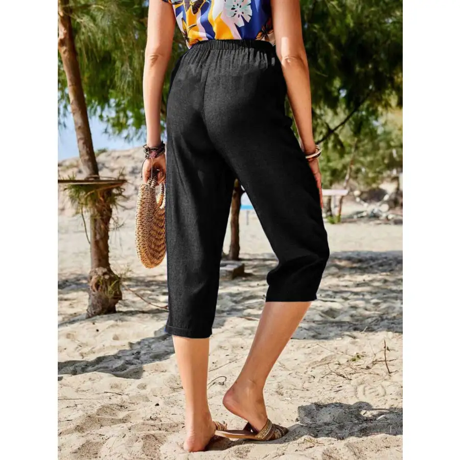 Pocketed Elastic Waist Capris Apparel