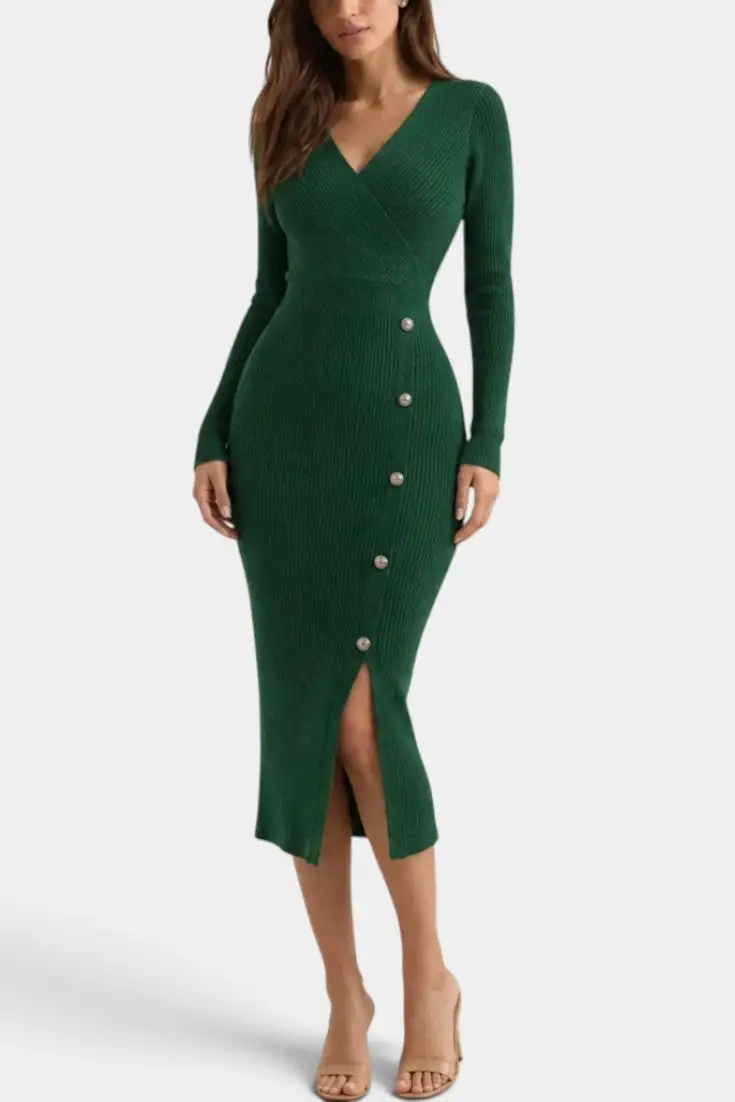 Ribbed-Knit V-Neck Midi Dress