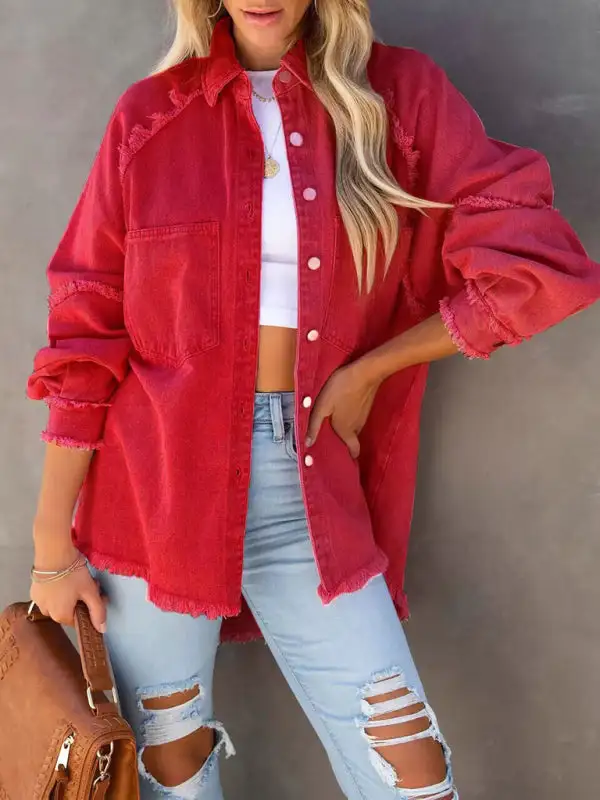 Denim Fringed Distressed Relaxed Jacket