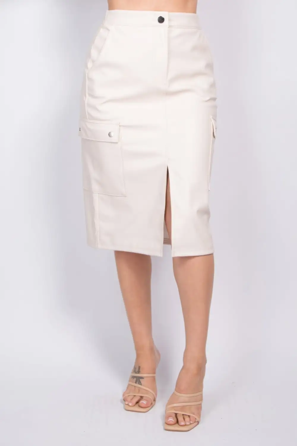 Button Front Faux Leather Skirt