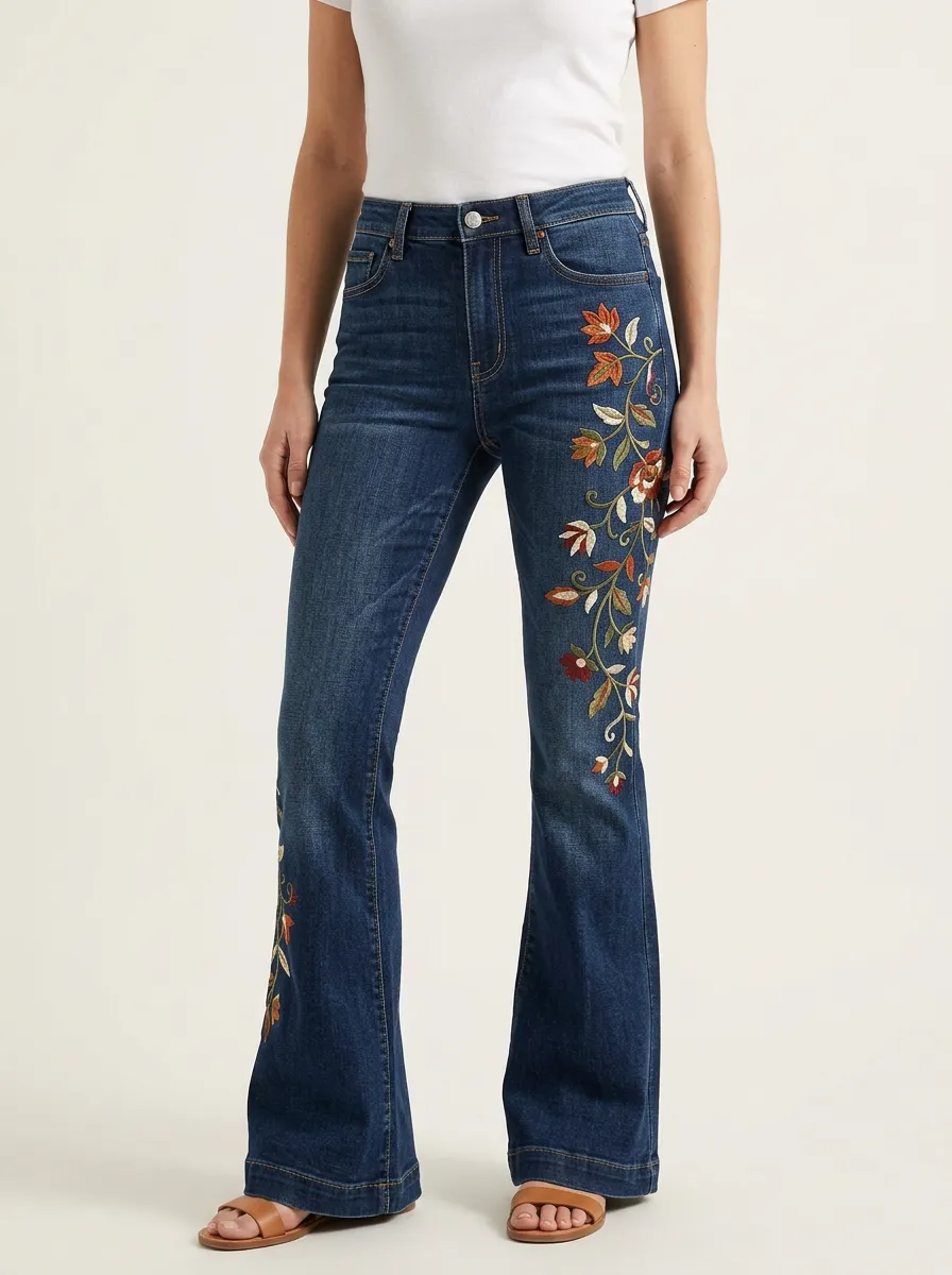 Women's Floral Embroidery Vintage Wash Embroidered Flare Jeans