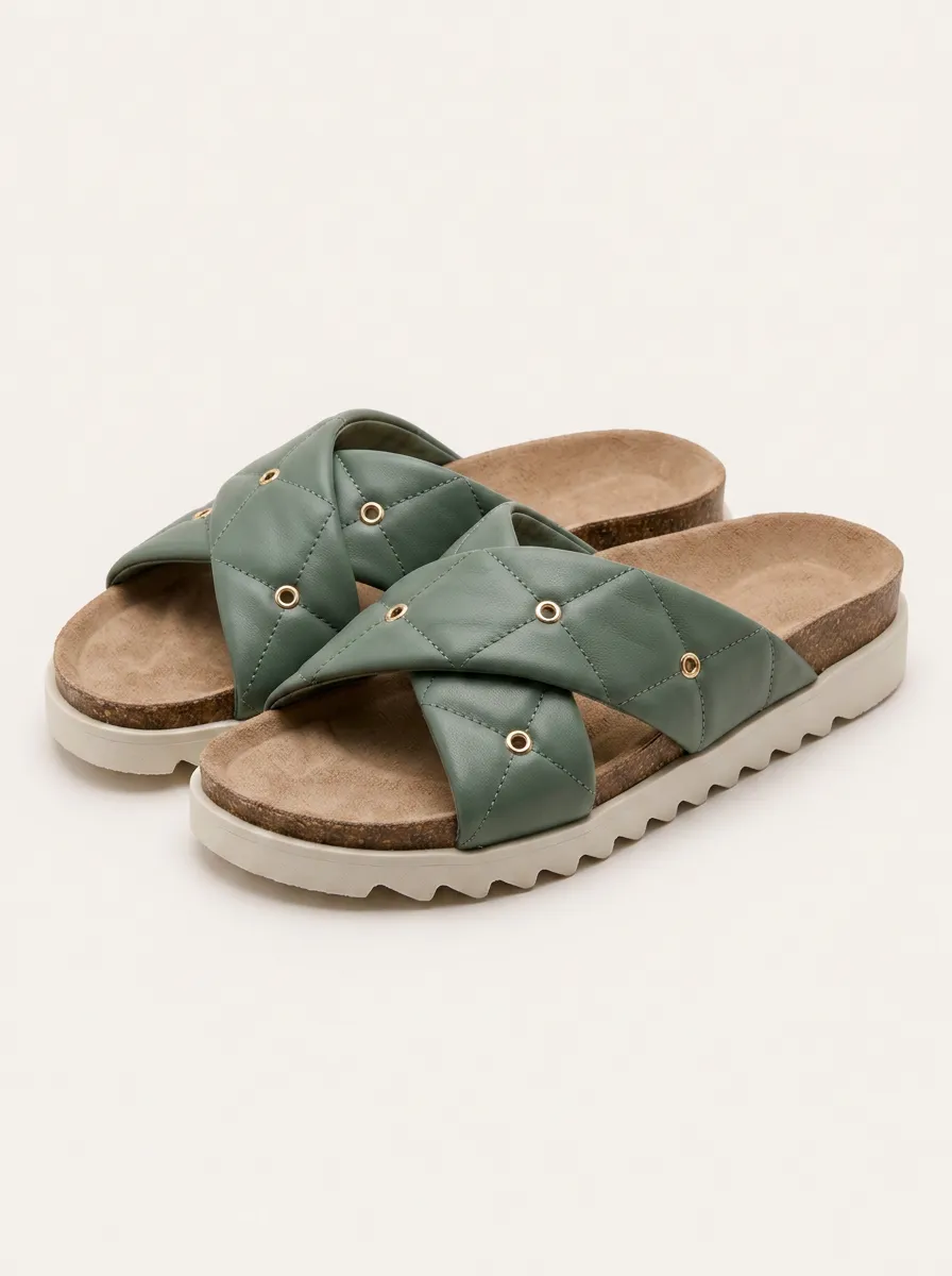 Women's Sage Green Quilted Cross Strap Metal Eyelet Cork Sandals