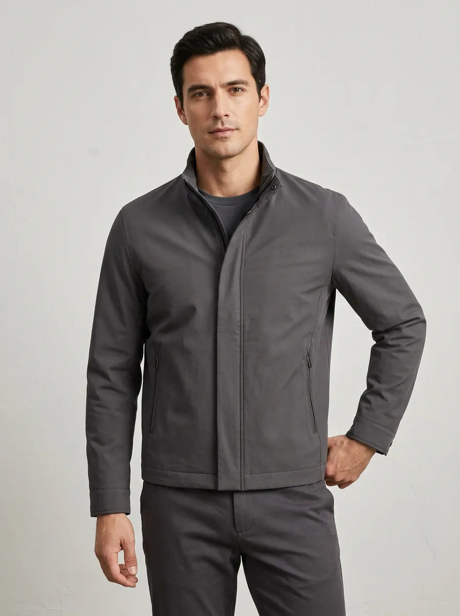 Men's Minimalist Grey Stand Collar Zip-up Jacket