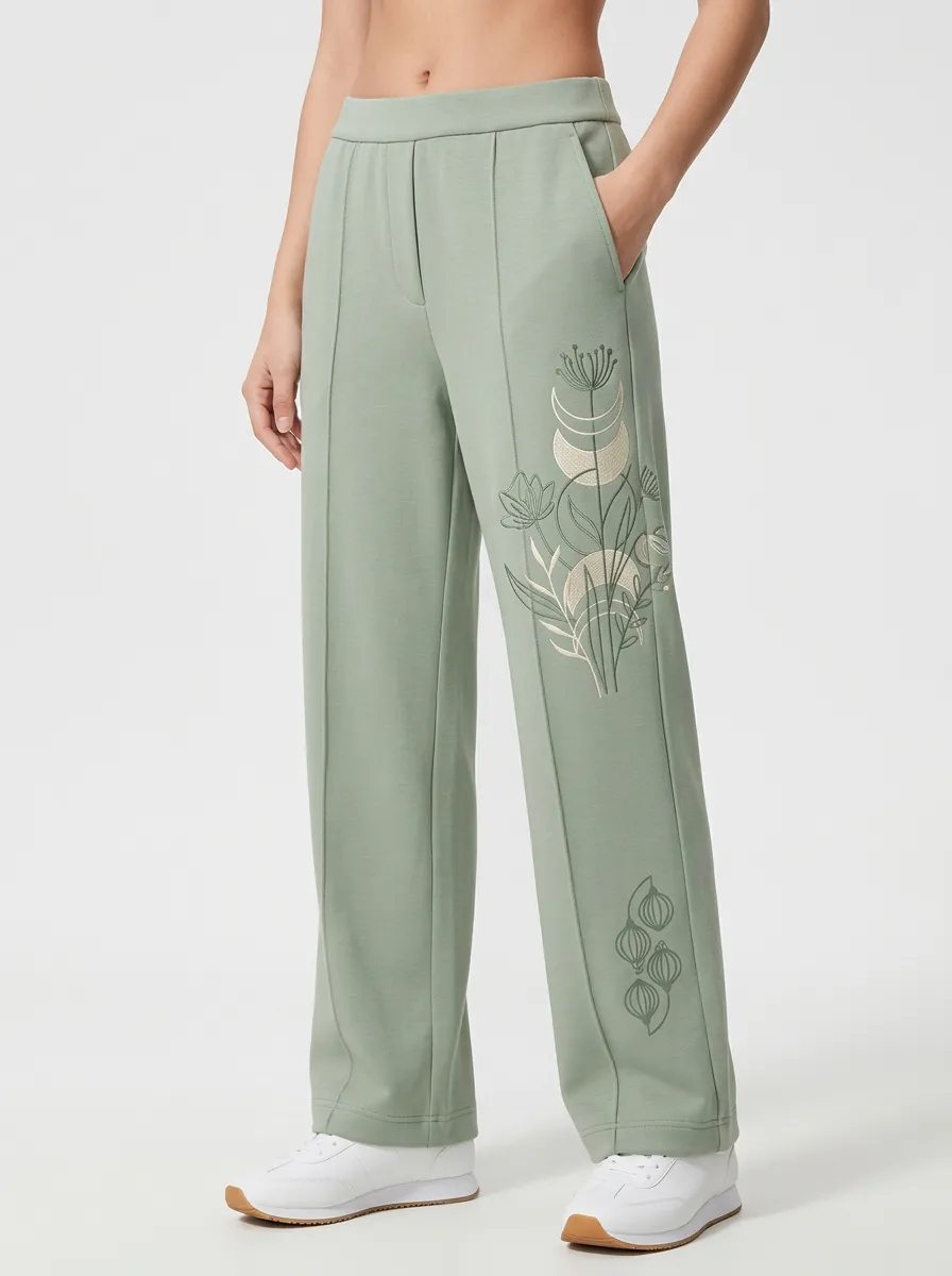 Women's Sage Green Embroidered Wide-Leg Trousers Sweatpants