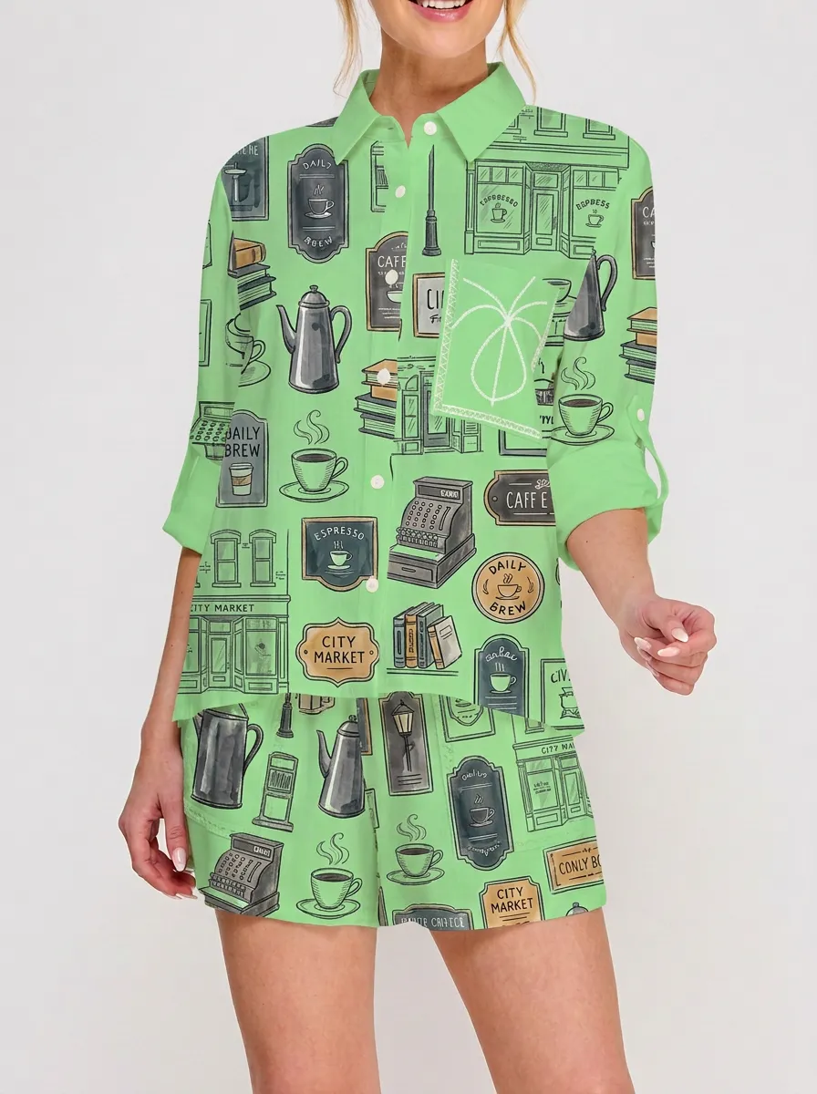Women's Coffee Shop Lover Cafe Elements Printed Shirt