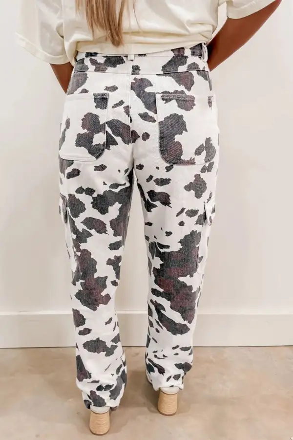 Women's Cow Spots Printed Multi Pocketed Jeans
