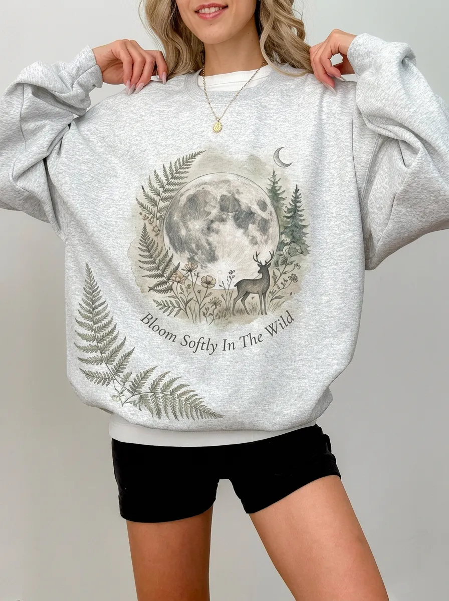 Women's Nature Moon Deer Fern Graphic Sweatshirt
