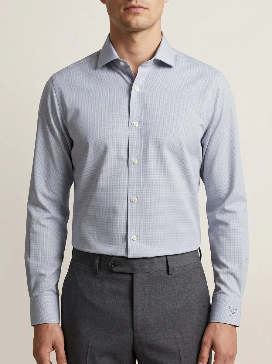 Men's Non-Iron Cotton Micro-Check Bird Embroidered Dress Shirt