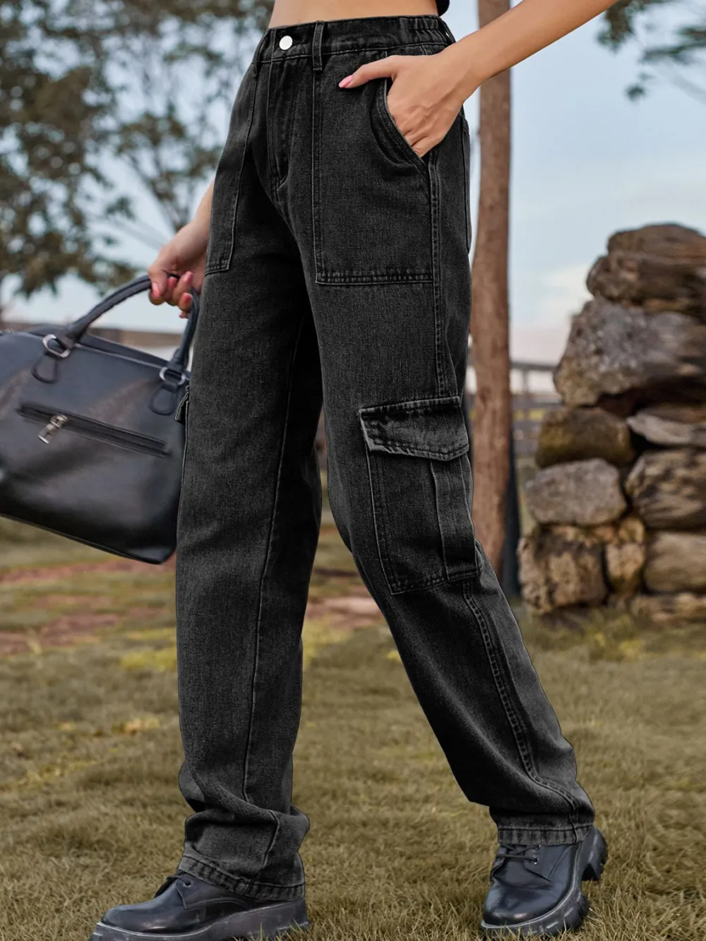 Relaxed High Waist Cargo Denim Jeans