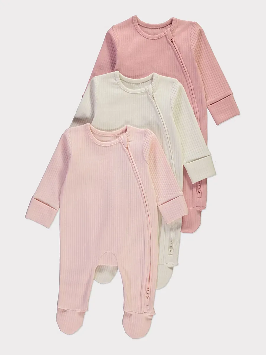 Pink Ribbed Zip Fasten Sleepsuits 3 Pack