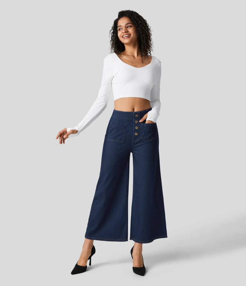 Magic High Waisted Button Pockets Washed Stretchy Knit Casual Wide Leg Jeans