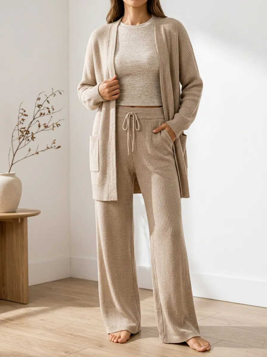 Women's Versatile Ribbed Knit Cardigan And Pants With Tank Top Three Piece Outfit