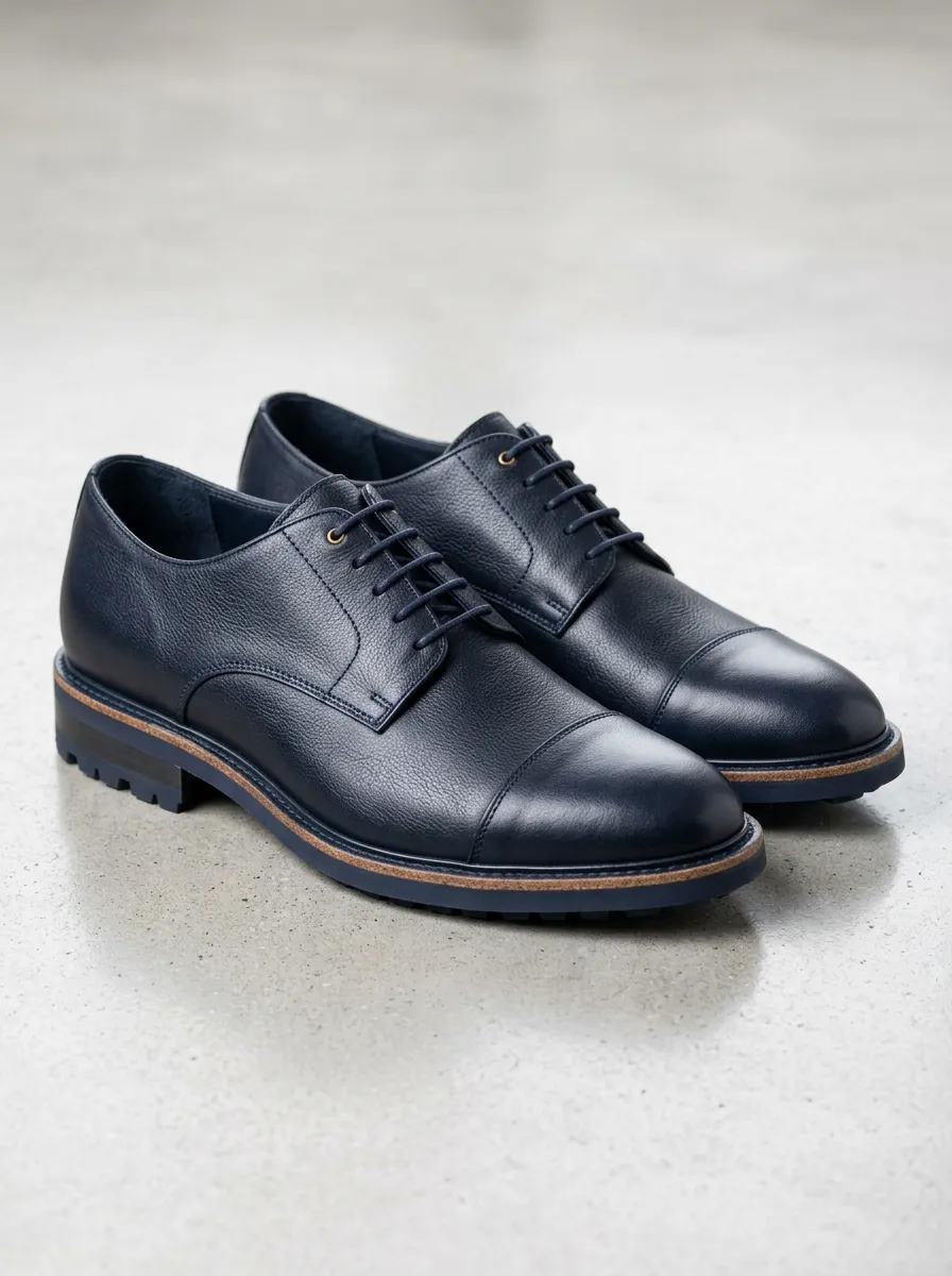 Men's Navy Blue Pebble Grain Leather Cap Toe Oxford Shoes