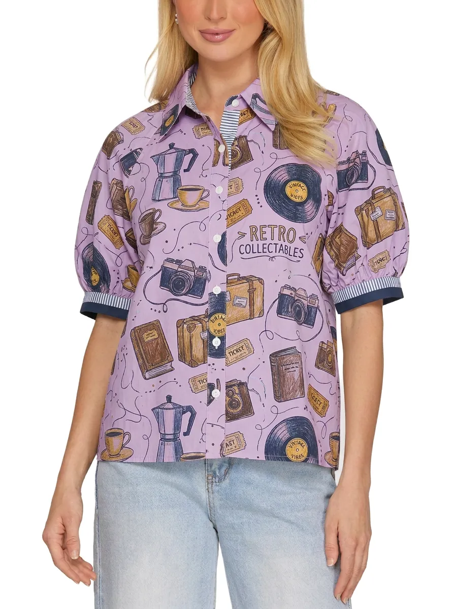 Women's Retro Collectables Camera Vinyl Coffee Printed Shirt