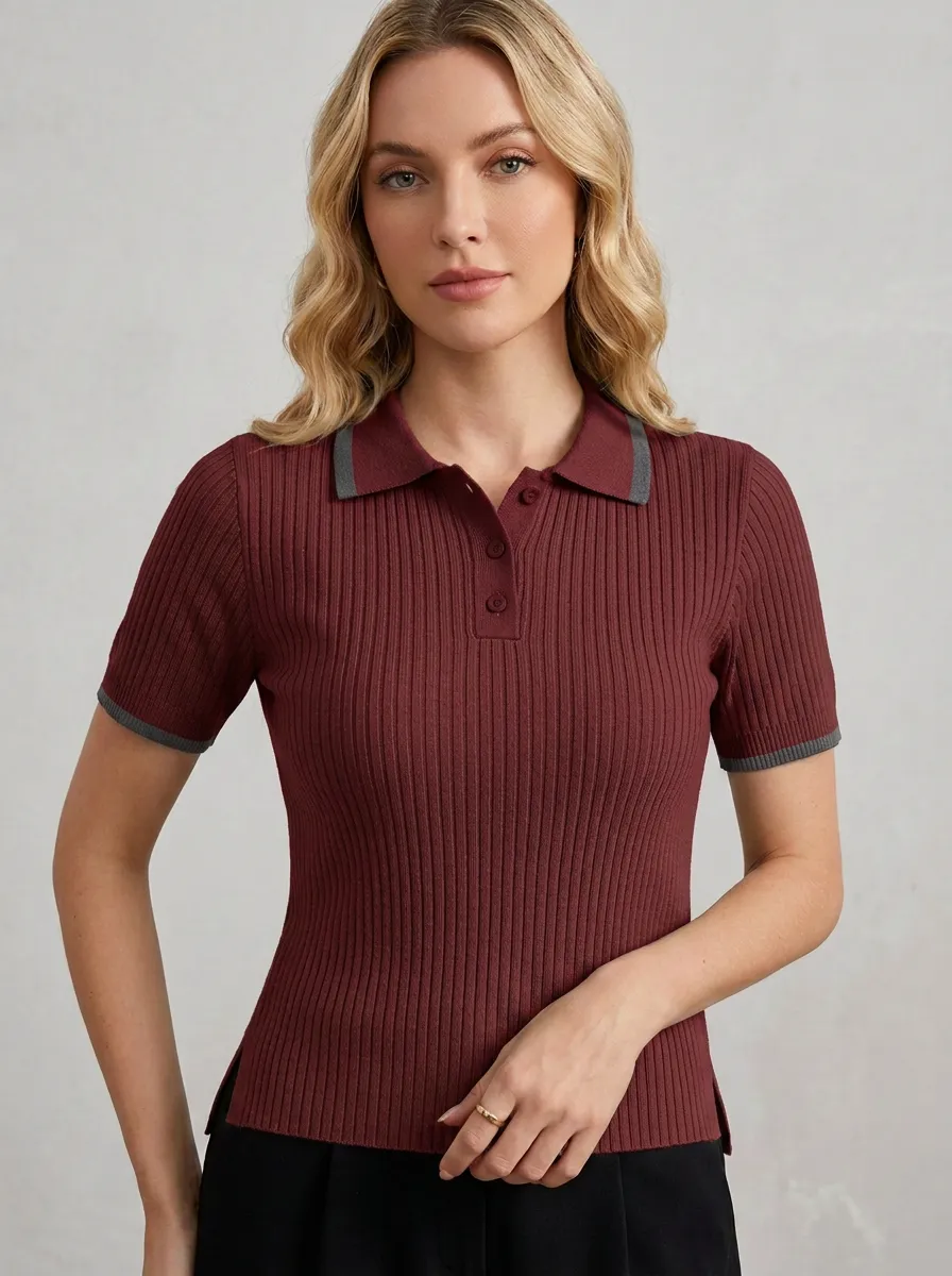 Women's Tailored Ribbed Contrast-Trim Polo Shirt