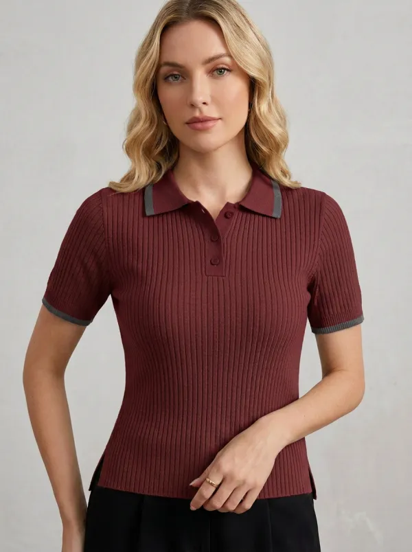 Women's Tailored Ribbed Contrast-Trim Polo Shirt