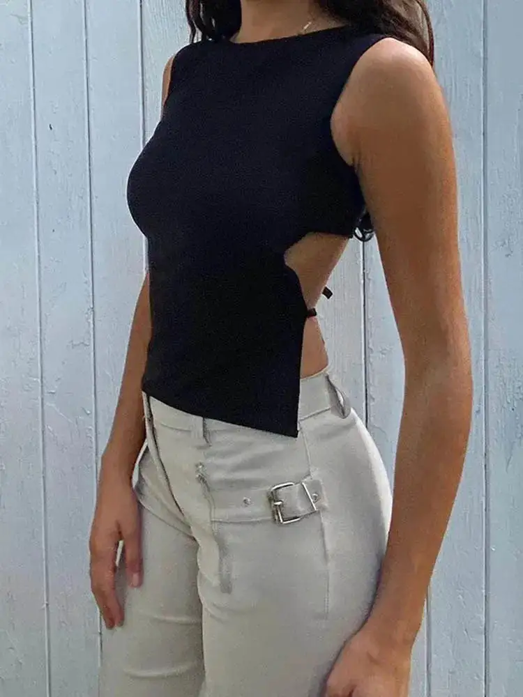 Knitted Cropped Sleeveless Backless Tank Top