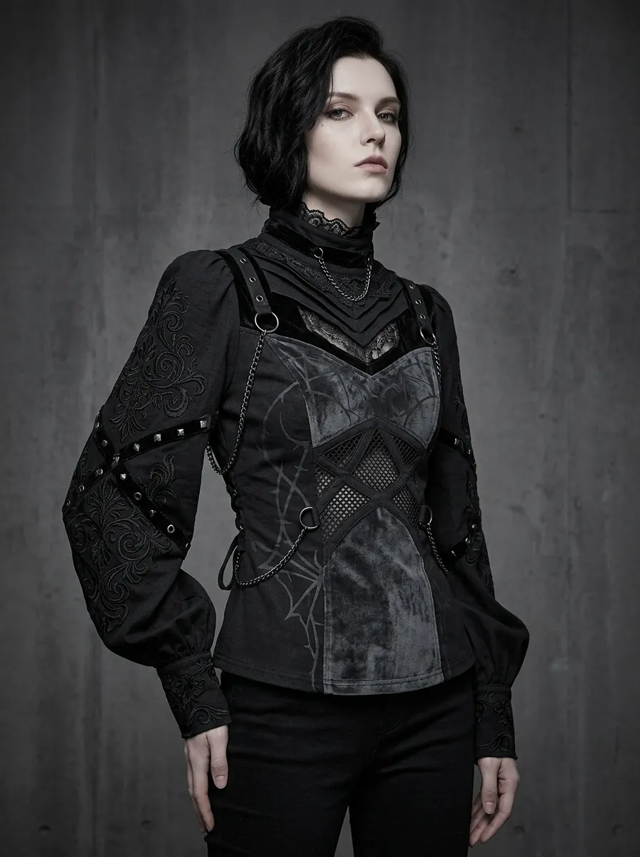 Women's Gothic Victorian Lace Chain Embellished Printed Top