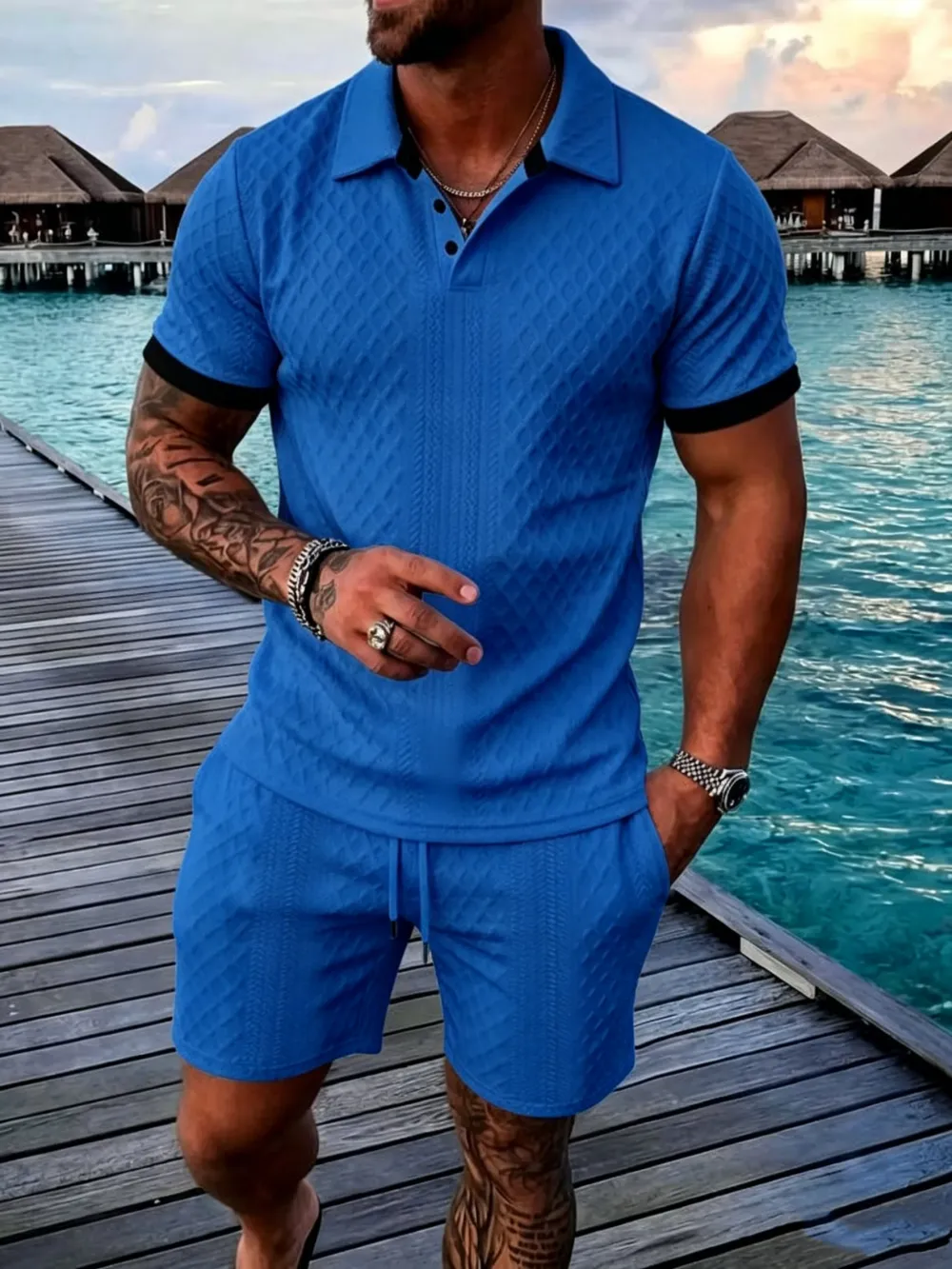Men's Colorblock Polo Shirt & Drawstring Shorts Set, Textured Knit Short Sleeve, Casual Daily Wear, Summer Tropical Fashion Choice, Menswear, Clothes