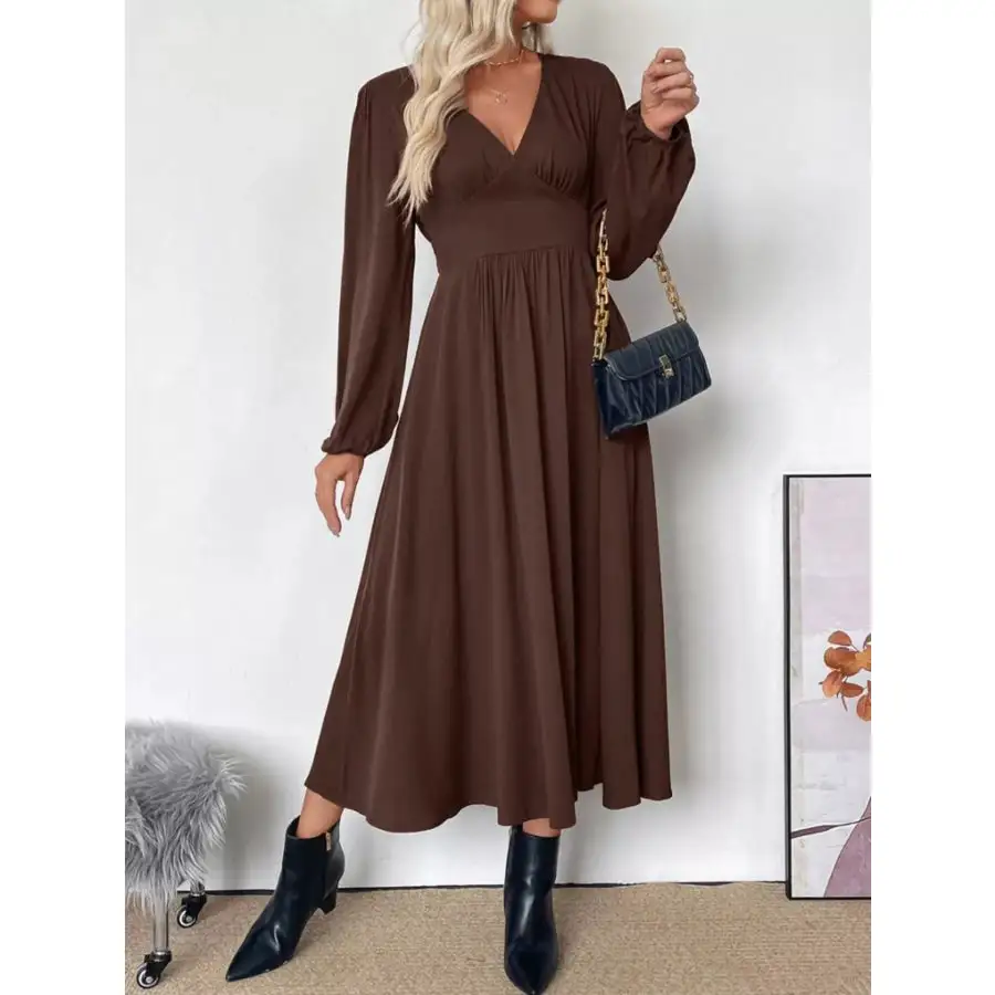 Neck V-Neck Balloon Sleeve Midi Dress