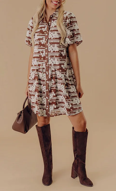 Embroidered Floral Collared Short Sleeve Relaxed Mini Dress