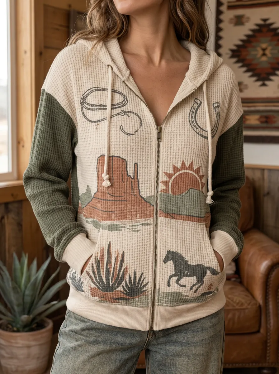 Women's Western Desert Horse Lasso Printed Waffle Zip Hoodie