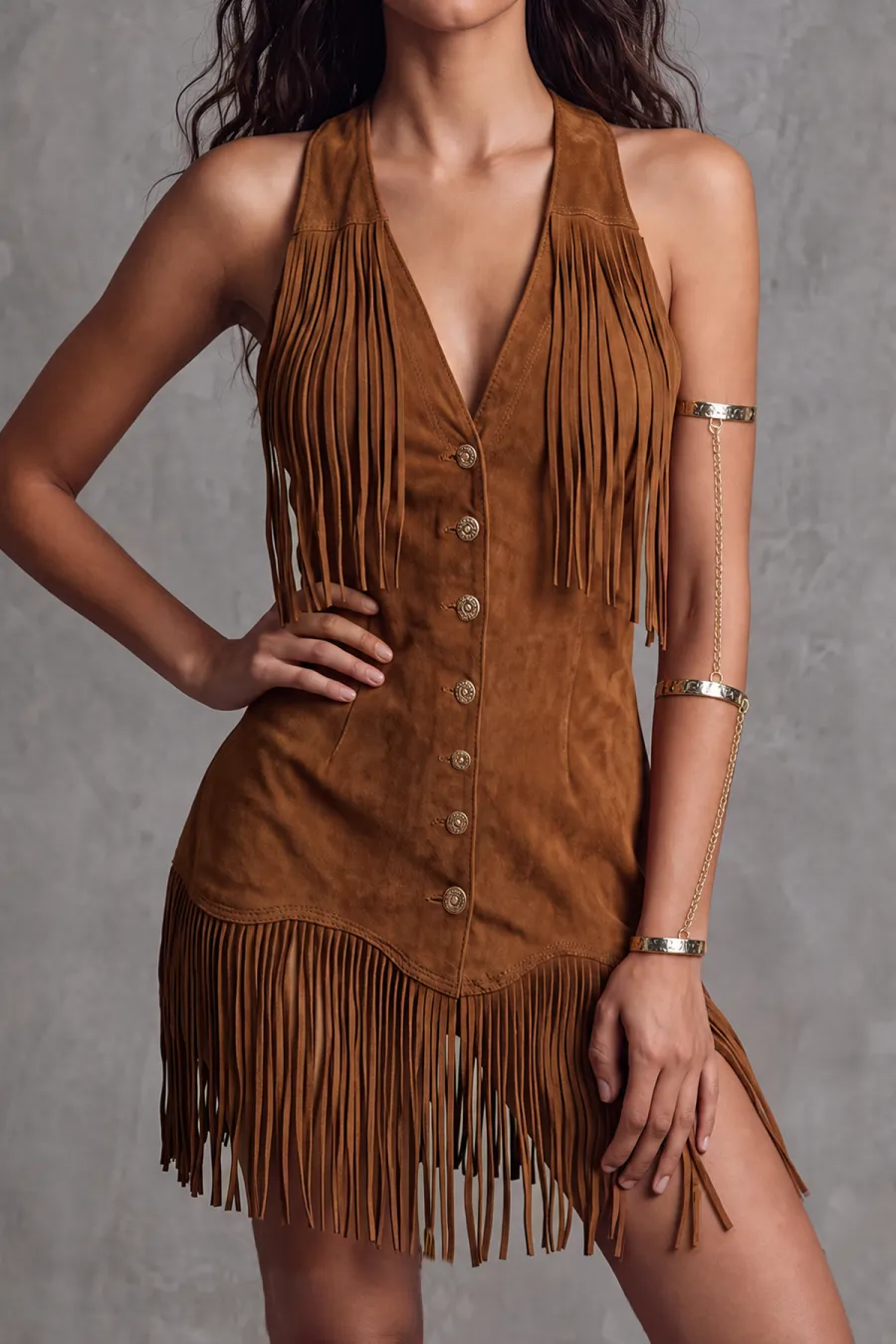 Button Front Fringe Midi Dress
