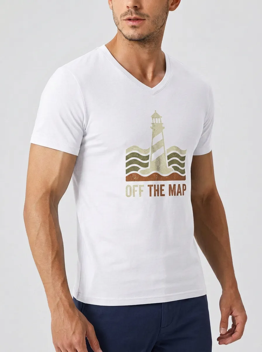 Men's Adventure Travel Lover Lighthouse Off The Map Printed V-neck T-shirt