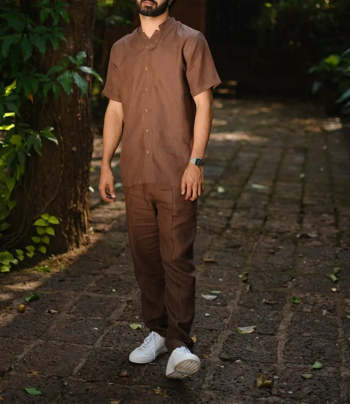 Brown Linen Pintuck Trousers