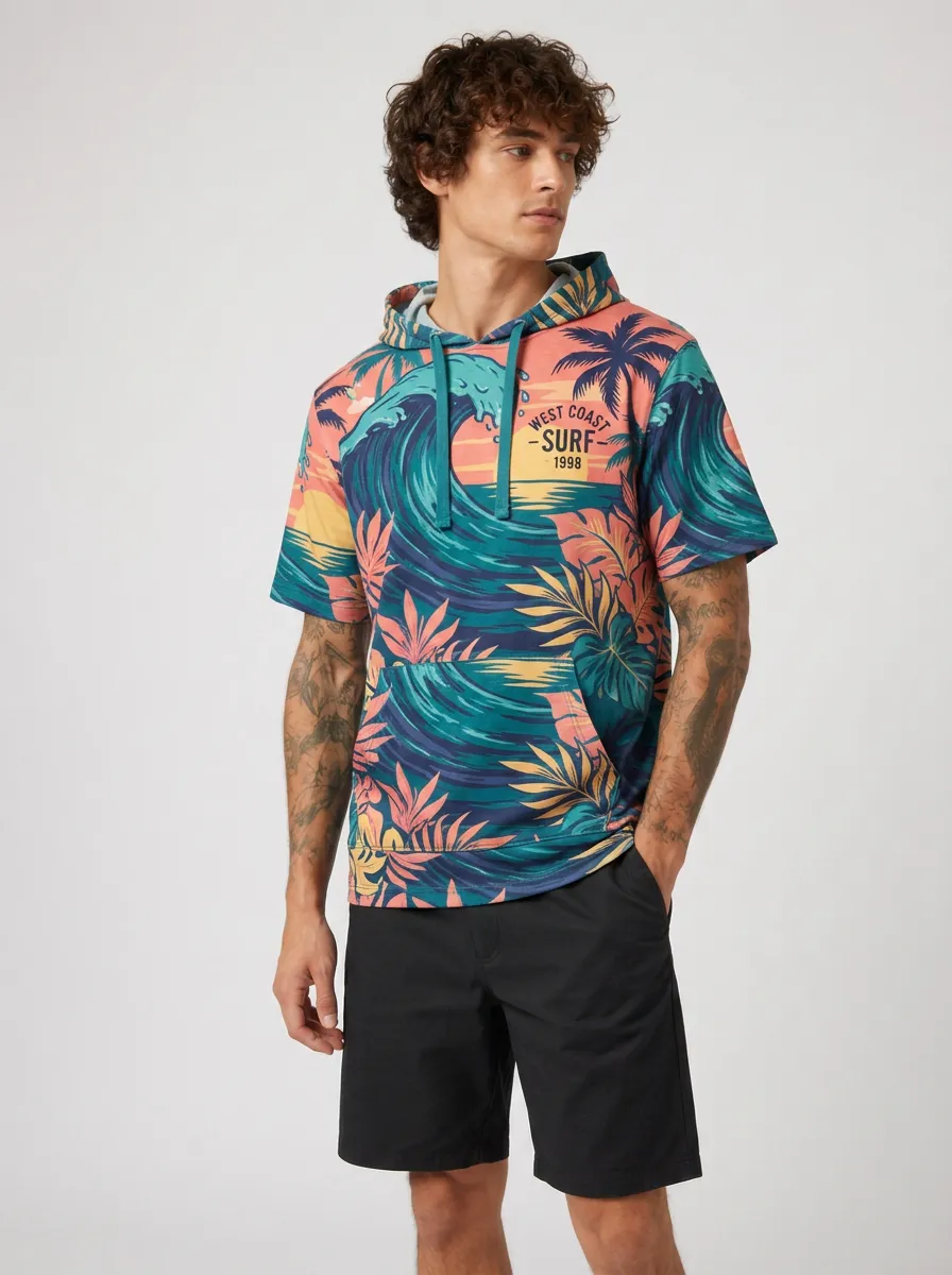Men's West Coast Surf Tropical Wave Printed Hoodie T-shirt