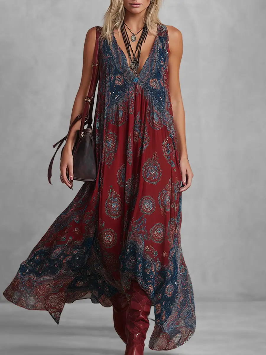 Pleated Printed Sleeveless Neck Maxi Dress