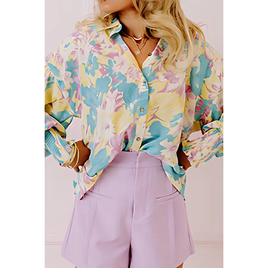 Printed Button Down Lantern Sleeve Shirt