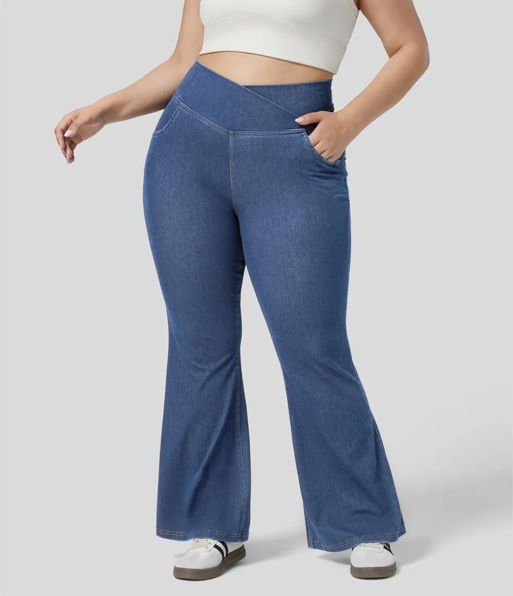 Magic High Waisted Crossover Pocket Cool Touch Breathable Washed Stretchy Knit Plus Size Casual Super Flare Jeans