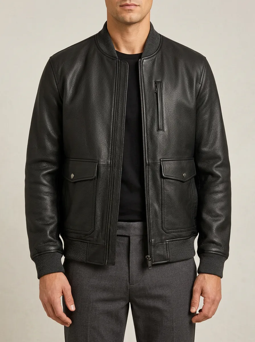Pebble Grain Chest Zip Detail Leather Look Bomber Jacket