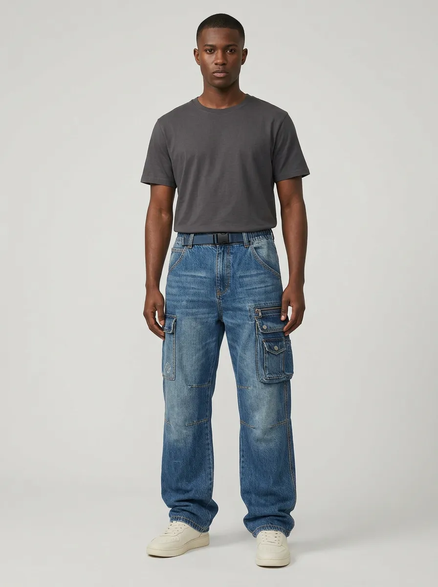 Men's Streetwear Multi-Pocket Washed Denim Cargo Jeans