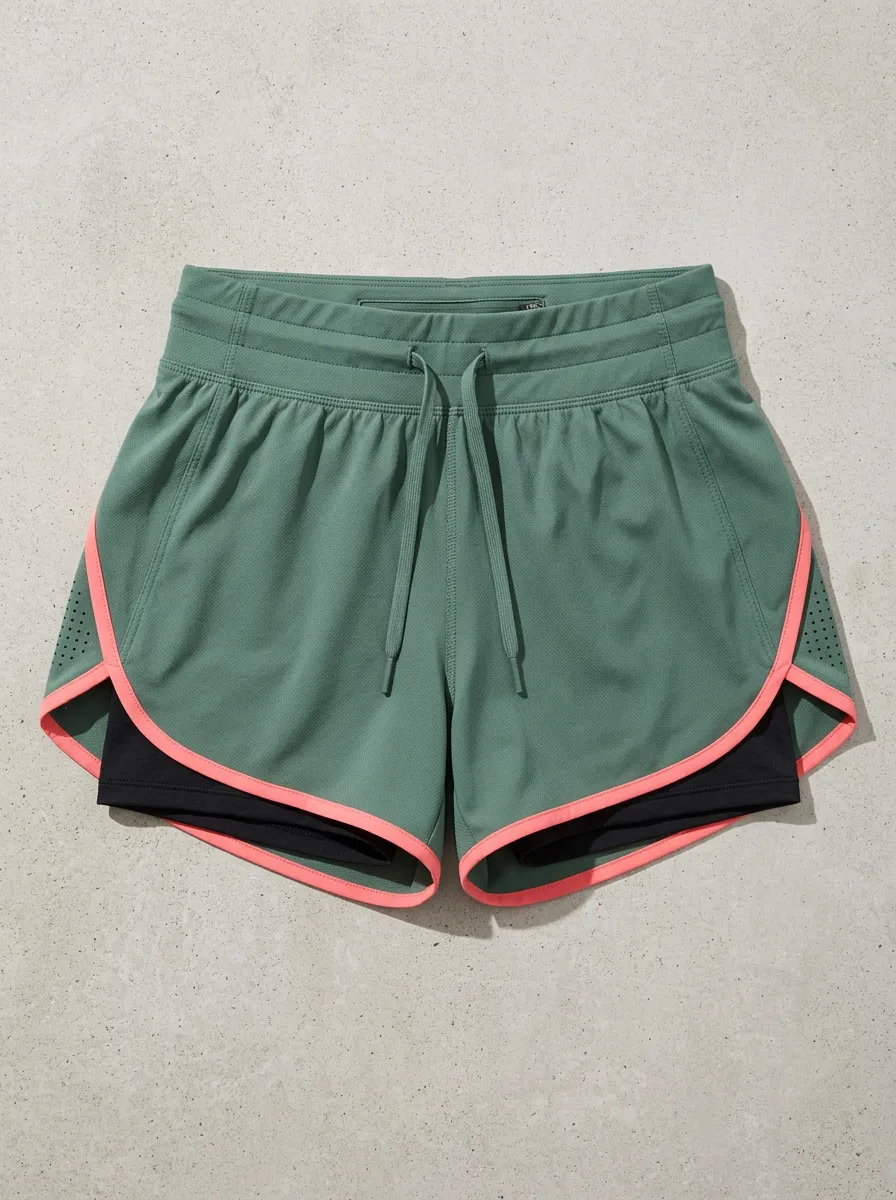 Women's Athletic Fitness Green Pink Trim Layered Running Shorts