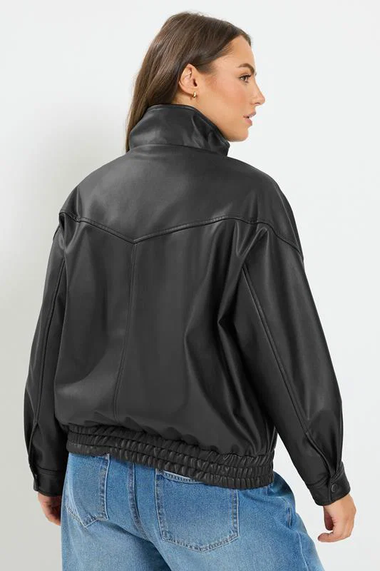 Black Faux Leather Funnel Neck Jacket detail 3