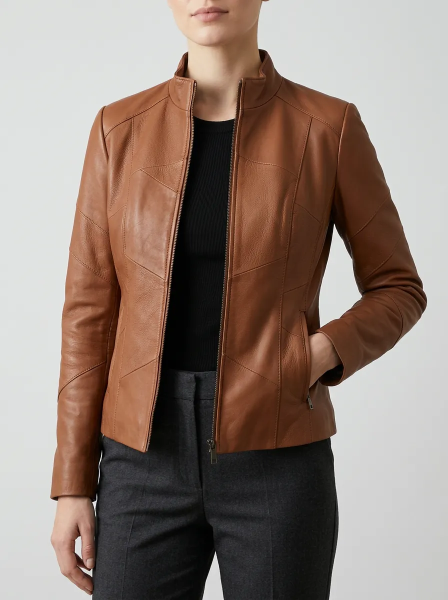 Leather-Look Stand Collar Zip-Up Jacket